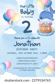 birthday party invitation template with flying whale