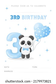 Birthday party invitation template with gap for filling, cute little panda boy, figure three, blue balloon and bow tie. Vector illustration	