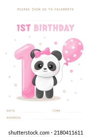 Birthday party invitation template with gap for filling, cute little panda girl with number one, pink balloon and bow. Vector illustration	