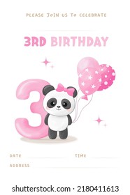 Birthday party invitation template with gap for filling, cute little panda girl with number three, pink balloon and bow. Vector illustration	