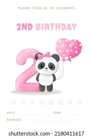 Birthday party invitation template with gap for filling, cute little panda girl with number two, pink balloon and bow. Vector illustration	