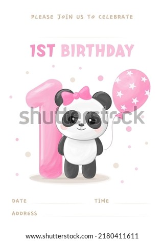 Birthday party invitation template with gap for filling, cute little panda girl with number one, pink balloon and bow. Vector illustration	