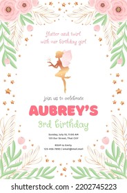 Birthday party invitation template. Gold silhouette of a cute little fairy on a beautiful floral background. Vector illustration 10 EPS.