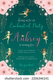 Birthday party invitation template. Gold silhouette of a cute little fairy on a beautiful floral background. Vector illustration 10 EPS.