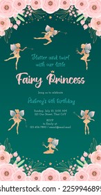 Birthday party invitation template. Gold silhouette of a cute little fairy on a dark floral background. Can be used for web, social networks and stories. Vector illustration 10 EPS.
