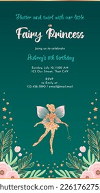 Birthday party invitation template. Gold silhouette of a cute little fairy on a dark floral background. Can be used for web, social networks and stories. Vector illustration 10 EPS.
