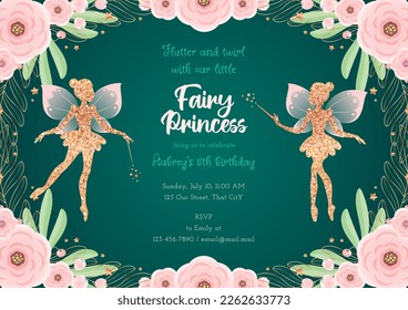 Birthday party invitation template. Gold silhouette of a cute little fairy on a beautiful floral background. Vector illustration 10 EPS.