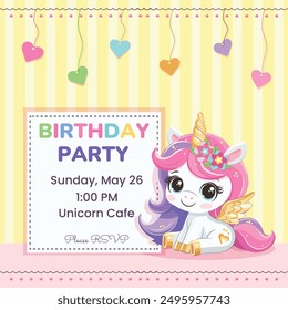 Birthday party invitation template with golden horn and wings, and colorful hearts. Vector illustration in flat cartoon style