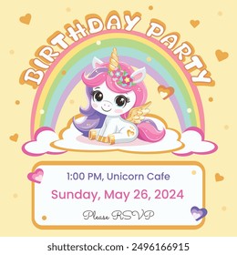 Birthday party invitation template with golden horn and wings, sitting on a cloud with a rainbow. Vector illustration in flat cartoon style