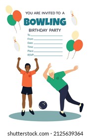 Birthday party invitation template with happy men playing bowling vector illustration