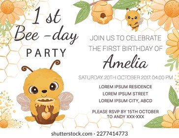 plantilla de invitación de fiesta de cumpleaños con abeja de miel