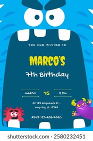 Birthday party invitation template with monster cartoon vector illustration. Birthday boy invitation card design.