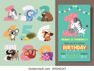 Birthday Party Invitation Template with Numbers and Funny Animal Characters.