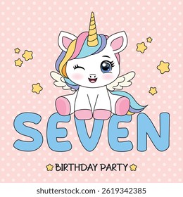 Modelo de convite de festa de aniversário com unicórnio bonito pastel. Conceito de feliz aniversário. Pronto para usar e modelo editável. Sétimo ano.