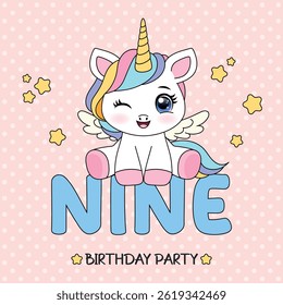 Modelo de convite de festa de aniversário com unicórnio bonito pastel. Conceito de feliz aniversário. Pronto para usar e modelo editável. Nono ano de nascimento.
