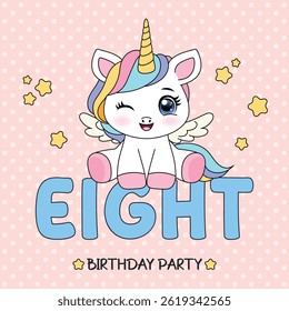 Modelo de convite de festa de aniversário com unicórnio bonito pastel. Conceito de feliz aniversário. Pronto para usar e modelo editável. Oitavo ano.