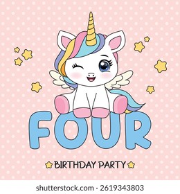 Modelo de convite de festa de aniversário com unicórnio bonito pastel. Conceito de feliz aniversário. Pronto para usar e modelo editável. Quarto ano de nascimento.