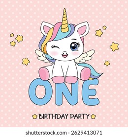 Modelo de convite de festa de aniversário com unicórnio bonito pastel. Conceito de feliz aniversário. Pronto para usar e modelo editável. Primeiro ano de nascimento.