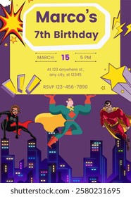 Birthday party invitation template with super hero's cartoon vector illustration. Birthday boy invitation card design.