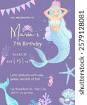 Birthday party invitation template with watercolor mermaid vector illustration. Birthday girl invitation card design.