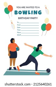 Birthday party invitation template with women in sportswear playing bowling hand drawn cartoon vector illustration