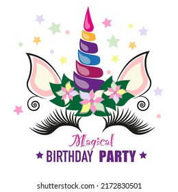 Birthday party invitation with unicorn. Flat vector illustration.