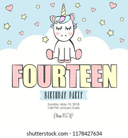 Birthday party invitation with unicorn. Fourteen