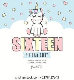 Birthday party invitation with unicorn. Sixteen.