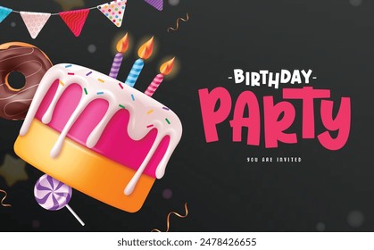 Diseño de fondo de Vector de invitación de cumpleaños. Tarjeta de invitación de cumpleaños con pastel, vela, donut y banderines Elementos de decoración para la Plantilla de saludo de la fiesta de los niños. cumpleaños de Ilustración vectorial 