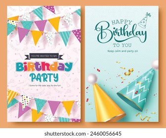 Birthday party invitation vector poster set design. Happy birthday greeting text with streamers, banners and party hat decoration elements in pink and green background. Vector illustration birthday 