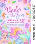 Birthday party invitation vector template with a cute little mermaid.