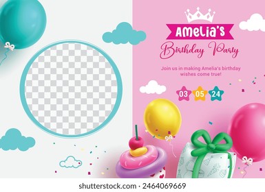 Birthday party invitation vector template. Birthday invitation card with empty blank space for girl picture with balloons elements decoration. Vector illustration birthday greeting template. 
