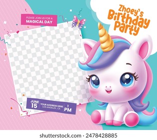 Birthday party invitation vector template design. Happy birthday greeting with empty space for celebrant picture and cute unicorn character elements invitation card design. Vector illustration 