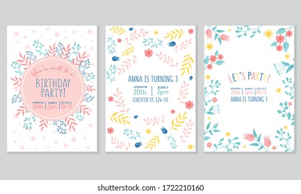 Birthday Party Invitation Vertical Card with Floral Elements Vector Set