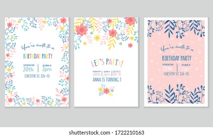 Birthday Party Invitation Vertical Card With Floral Elements Vector Set