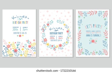 Birthday Party Invitation Vertical Card with Floral Elements Vector Set