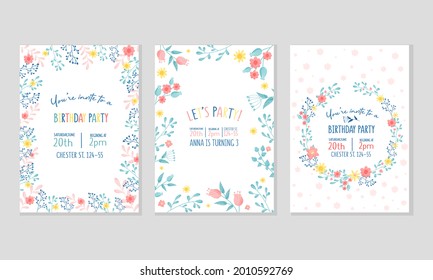 Birthday Party Invitation Vertical Card with Floral Elements Vector Set