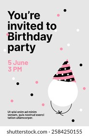 Birthday party invitations with place for your photo, party hats, and festive backgrounds. Design for flyer, poster, cover, brochure or banner.