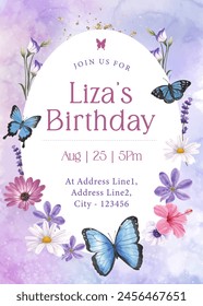 Birthday party invite. Gorgeous photo frame adorned with butterflies and flowers on a purple background.