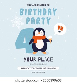 Birthday party invited card with cute penguin illustration. Template Birthday party invitation with time and place