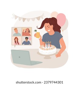 Birthday party isolated cartoon vector illustration. Smiling teenagers having virtual birthday celebration, blowing candels remotely, friends on screen divided in squares vector cartoon.