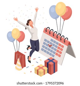 Birthday party isolated concept with colourful presents fairy lights flags balloons and sweets symbols.