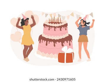 Birthday party isolated concept vector illustration. Celebration supplies, party invitation, planning list, special occasion cake, greeting card, sing happy birthday, sweet 16 vector concept.