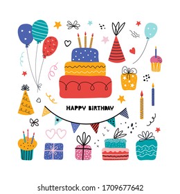 Birthday party isolated elements set. Hand drawn illustrations, Greeting card, invitation design elements. Cakes with candles, balloons. Holiday celebration, party decoration. Handwritten lettering