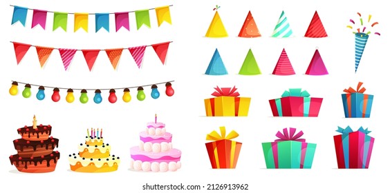 Birthday party isolated elements set with colorful presents fairy lights flags. Colorful balloons, carnival celebration food and candy. Gifts presents, sweet cupcakes and celebration cake.