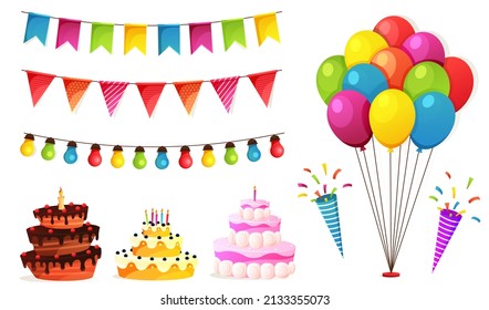 Birthday party isolated elements set with colorful presents fairy lights flags. Colorful balloons, carnival celebration food and candy. Gifts presents, sweet cupcakes and celebration cake.