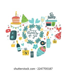 Birthday party isolated elements set in the shape of a heart. Hand drawn illustrations, Greeting card, invitation design elements. Cakes with candles, balloons. Holiday celebration, party decoration. 