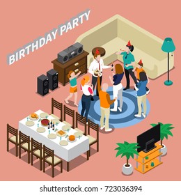 Birthday party isometric composition with feast table, congratulations of people, home interior on pink background vector illustration