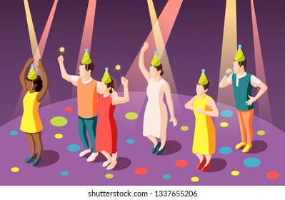 Birthday party isometric composition with funny people in clown hats in spotlights vector illustration