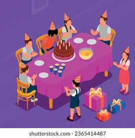 Birthday party isometric concept with boy blowing out candles and his friends sitting at festive table 3d vector illustration